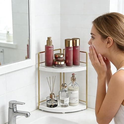 BSTSLL Bathroom Countertop Organizer, 2 Tier Wood Bathroom Counter Organizer, Vanity Organizers Corner Shelf for Makeup, Perfume, Skincare,Bedroom and Kitchen Storage (2 Tier,White and Gold) thumbnail 2