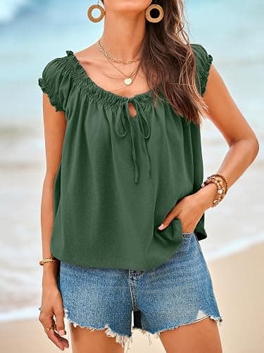 Tankaneo Women Summer Tie Front Tank Tops Cap Sleeve Pleated Babydoll Tops Casual Loose Fit Going Out Flowy Shirt thumbnail 4