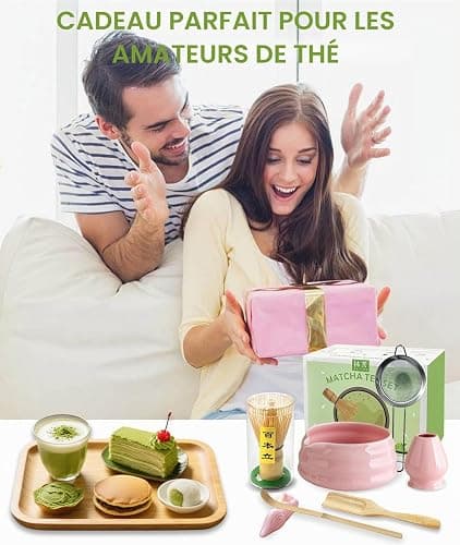 JBER Matcha Kit 7 Pièces, Matcha Set - Fouet Matcha Bambou, Bol à Matcha, Support pour Fouet, Cuillère et Tamis, Kit Matcha pour Cérémonie du Matcha - Rose thumbnail 7