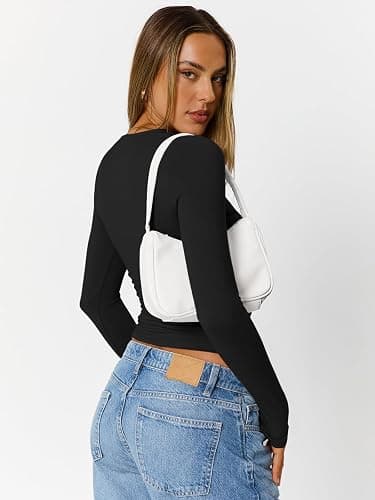 Trendy Queen Womens Long Sleeve Shirts Going Out Tops Square Neck Crop Workout Tops thumbnail 4