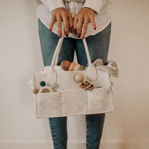 Parker Baby Co. Felt Diaper Caddy Organizer - Large, White | Portable nursery storage bin for diapers, wipes, bottles & baby essentials for home/car. Soft felt, foldable design 13x9x7" thumbnail 2