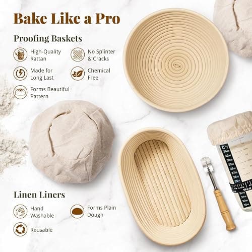 BAVIFY Sourdough Starter Kit, Banneton Bread Proofing Baskets Set | Complete Sourdough Bread Baking Supplies, Beginner Friendly, 9 in Round and 10 in Oval Rattan Banneton & 24 oz Starter Jar thumbnail 3