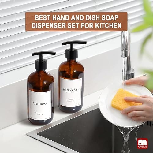 GMISUN Amber Glass Soap Dispenser, 2 Pack Bathroom Hand Soap Dispensers with Stainless Steel Pump, 17 Fl Oz Kitchen Hand and Dish Soap Dispenser Set, Modern Vintage Liquid Brown Soap Dispensers Bottle thumbnail 6