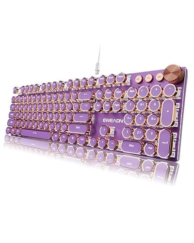 EWEADN Wired Typewriter Mechanical Keyboard, Low Noise Pink Switch Retro Punk Keyboard with Media Knob, White Backlit, Metal Panel, 104-Key Round Keycaps Cute Keyboard for Windows PC -Purple - Image 1