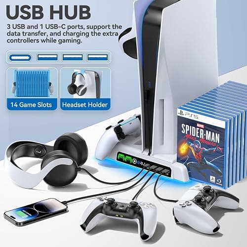 PS5/Slim/Pro Stand and Cooling Station with LED Controller Charging Station for PlayStation 5 Console, Controller Charger, Cooling Stand, PS5/Slim/Pro Skin Accessories Kit with 3 Level Cooler Fan thumbnail 5