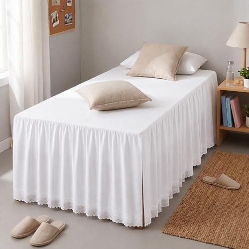Hahafelt Twin XL Dorm Bed Skirt, 32 Inch Drop White Ruffled Bed Skirt with Scalloped Lace Trim, Wrap Around Adjustable Dust Ruffle with Split Corners, College Dorm Room Decor thumbnail 6