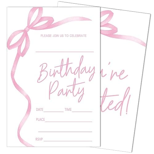 SIXEIGHT Pink Bow Birthday Invitations, Pink Ribbon Bow Birthday Party Invitations, 20 Party Invitations with Envelopes for Girls Boys, Birthday Party Favor & Decoration (4"x6")-A04 - Image 1