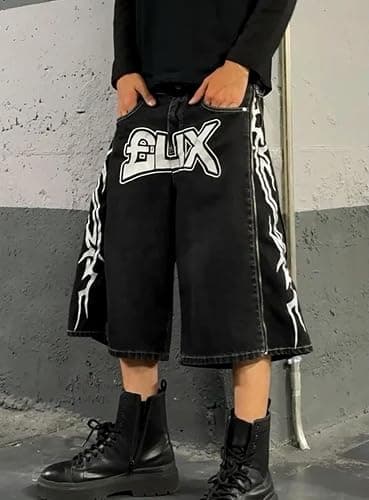 Wide-leg pants，Fashion clothes, Letter Print Baggy Denim Shorts Mens Vintage Zip Up Wide Leg Shorts Fashion Jorts Men Clothing thumbnail 3