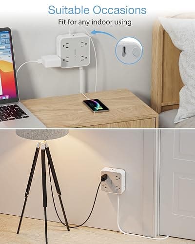 TESSAN Surge Protector Flat Extension Cord Flat Plug Power Strip, 8 AC Outlets, 3 USB Charger(1 USB C Port) 3 Sided Outlet Extender, 5 Ft, 900 Joules Protection, Office Supplies, Dorm Room Essentials thumbnail 6
