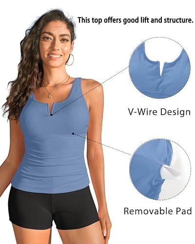 Daci Womens 2 Piece Tankini Swimsuits - Tummy Control Bathing Suit with Shorts V Wire Tankini Top Ribbed Swimwear thumbnail 3