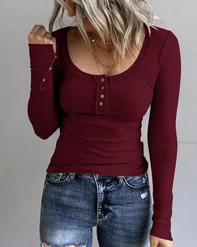KINLONSAIR Women’s Long Sleeve Henley T Shirts Button Down Slim Fit Tops Scoop Neck Ribbed Knit Shirts thumbnail 4