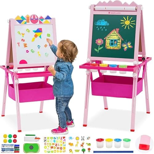 Kids Art Easel,Double-Sided Wooden Easel for Kids with Paper Roll,Height Adjustable Standing Easel with Puzzle Tangram Toys,Storage Box and Other Accessories,Easel for Toddlers 3-10 Years - Image 1