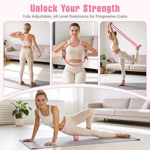 Pilates Kit for Home Workouts, Pilates Equipment Home Pilates Essentials Kit for Women with Pilates Ring and Ball Set, Socks, ankle resistance bands with cuffs, Resistance Band and Massage ball thumbnail 6