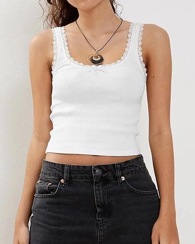 NODHUT Women's Tank Tops Cute Slim Fitted Ribbed Knit Bow Lace Camisole Top Sexy Summer Square Neck Sleeveless Going Out Tops thumbnail 5