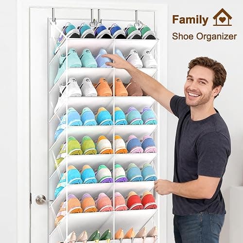 UVIAHOMI 20-30 Pairs Over the Door Shoe Organizer, Clear Pockets Hanging Shoe Storage for Closet, 10-Tier Door Shoes Rack, Handing Shoes Holder Fit All the Family's Sneakers, Boots, Heels, White thumbnail 4