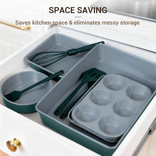 Ammeloo 22-Piece Baking Pans Set Stackable Bakeware Non Stick Baking Set Non Toxic Oven Pans, Including Roasting Pan, Cookie Sheets, Muffin Pans, Cake Pans, Oven Mitt and Utensils(Gray & Hunter Green) thumbnail 6