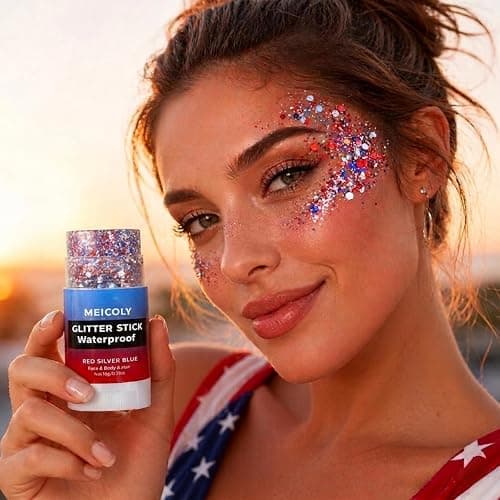 MEICOLY 4th of July Glitter Stick,Red White Blue Face Hair Glitter Stick with Star,Fourth of July Patriotic Accessories Outfits for Women,Soccer Softball Body Glitter Rave Makeup thumbnail 2