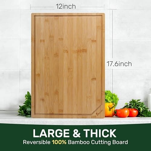 Bamboo Cutting Boards for Kitchen, Extra Large Wood Cutting Board with Deep Juice Groove and Handle Heavy Duty Chopping board, Kikcoin, 17.6" x 12" thumbnail 3