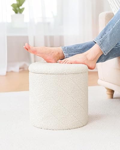 B FSOBEIIALEO Ottoman with Storage, 33cm Boucle Round Ottoman, Cream White | Ottomans with Removable Tray Lid, Foot Rest Stool, Twisted Design Coffee Table, for Dorm, Living Room thumbnail 2