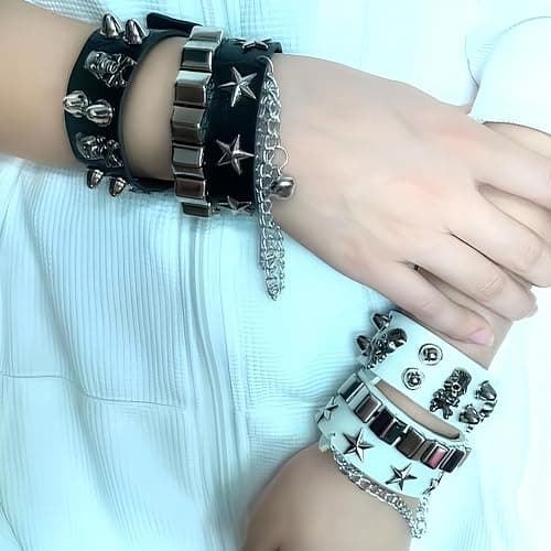 NPENGHUI 2-Piece Punk Rock Bracelet Set Studded Leather Cuff Bracelets with Metal Skull Adjustable Wrap Wrist Cuffs Vintage 80s Emo Goth Jewelry Accessories for Halloween Concerts and Festival Outfit thumbnail 7
