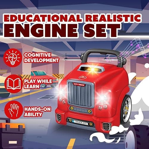 Playbees Red Truck Engine Repair Toy – Kids Mechanic Repair Set with Tools, Lights & Sounds – Interactive Take-Apart Engine Builder Truck, Great thumbnail 6