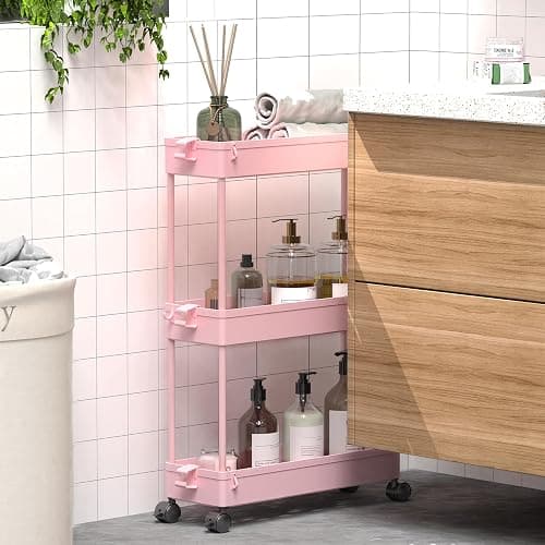 SPACEKEEPER Slim Rolling Storage Cart, 3 Tier Bathroom Organizer Utility Cart Laundry Room Organization Mobile Shelving Unit for Kitchen, Bathroom, Office, Bedroom, Narrow Places, Pink thumbnail 5