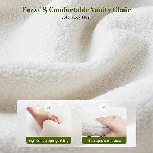 DurayLoly Vanity Chair with Open Back & Wheels White | Swivel, Fluffy Teddy Fabric, Height Adjustable,300lbs for Makeup Room, Vantiy, Bedroom thumbnail 4