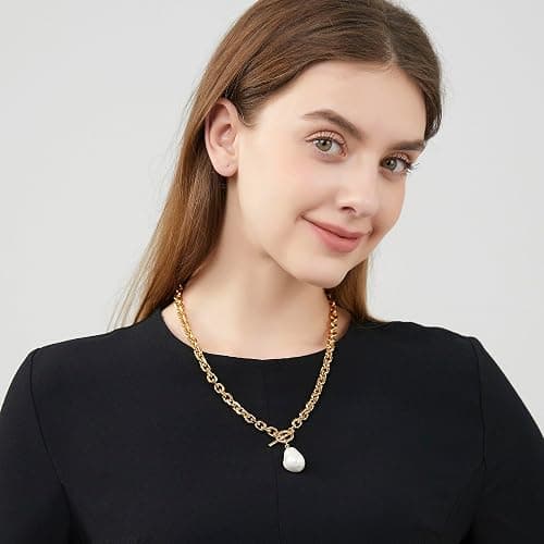 HUONGWIN Link Chain Toggle Clasp Baroque Pearl Necklace for Women 14k Gold Plated Charm Pendant Chunky Necklaces For Women Trendy thumbnail 5