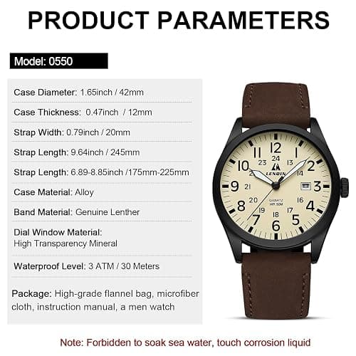 LN LENQIN Mens Watches Military Watches for Men Analog Quartz Watch Waterproof Men's Wrist Watches with Date Tactical Field Watch Leather Band thumbnail 7