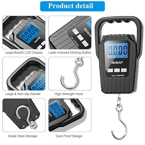 Digital Fish Scale Hanging Scale Fishing Scale, SKEAP 110lb/50kg Luggage Scale,Fish Weighing Scale, Upgrade Large Handle & Backlit LCD Display, Black,Fishing Gifts for Men,Black thumbnail 5