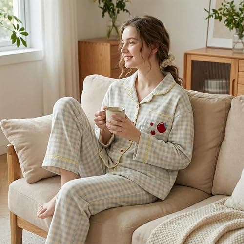Neglance Cute Gingham Pajama Sets Women Girls Soft 2 Piece Sleepwear Long Sleeve Loungewear with Apple Embroidery Daily Wear thumbnail 3