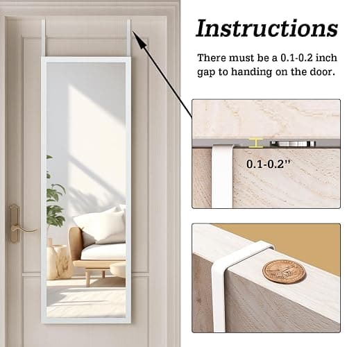 whitebeach 48" x 16" Over The Door Full Length Mirror Wall Mounted Hanging with 2 Metal Hangers for Bedroom Living Room Bathroom White thumbnail 4