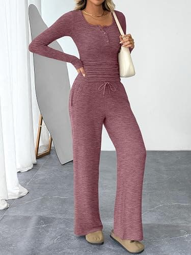Trendy Queen Women's 2 Piece Matching Lounge Sets Fall Fashion Outfits Henley Neck Sweater Top Wide Leg Pants Sweat Suits thumbnail 3