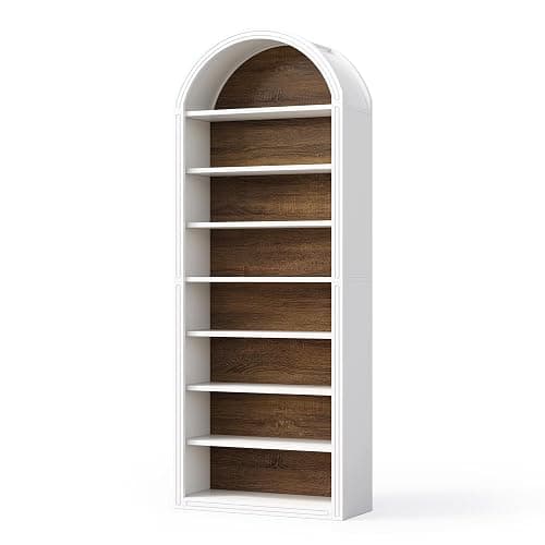 LITTLE TREE 8-Tier Bookcase, 78.7" Tall Bookshelf with Arched Top, Large Freestanding Wooden Open Bookcase Bookshelf, Modern Book Shelf Organizer for Living Room, Bedroom, Office, Library, White Brown thumbnail 8