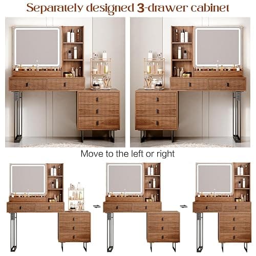 Large Vanity Desk with 3 Color Touch Screen Dimming Mirror, Vanity Desk with Charging Station, Modern Retractable Makeup Dressing Table, Makeup Table With storage shelves and 5 Sliding Drawers, Walnut thumbnail 6