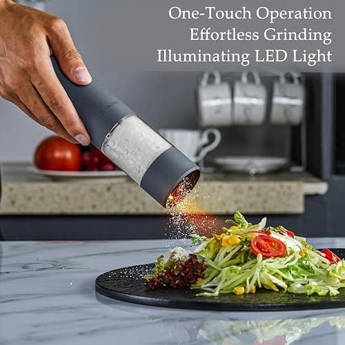 Electric Salt and Pepper Grinder Set with USB Rechargeable, Automatic One Hand Operation with Adjustable Coarseness, Pepper Mill Grinder Refillable with LED Light (2 Packs, Black&White) thumbnail 2