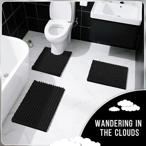 Yimobra Black Bathroom Rug Set 3 Piece - Super Absorbent Quick Dry Chenille Bath Mats & Toilet Rug, Non Slip Machine Washable, Extra Thick Shaggy Floor Mat for Shower Tub Sink thumbnail 6