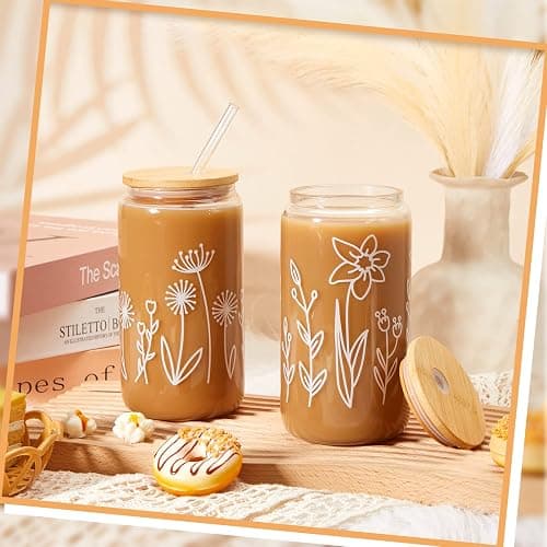 Mumufy 4 Pack Gift for Women Cute Glass Cup Tumbler Flower Iced Coffee Mugs 16 oz Glass with Bamboo Lid & Straw, Mothers Day Birthday Gift for Mom Sister Bridesmaid Baby Shower (Boho Floral) thumbnail 4