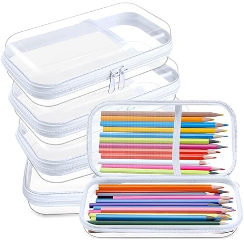 Sanwuta 4 Pcs Clear Hard Sided Zipper Pencil Case Pouches Bulk Plastic Hard Shell Pencil Case Box Organizer with Mesh Pocket Toiletry Pouch Makeup Bag, Back to School Supplies(White)