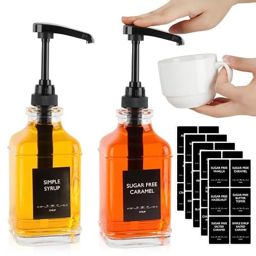 STARSIDE 16 oz Coffee Syrup Dispenser,2 pcs Clear Glass Syrup Bottle with 1/4oz Capacity Pump,Syrup Dispenser for Coffee Bar with Plastic Pump and Syrup Labels - 2 - Image 1