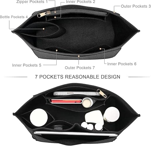 Bag Organiser for Longchamp, Black Felt Handbag Insert Organizer with Zipper, Multi-Pocket, 7 Compartments, Elegant Classic Style thumbnail 3