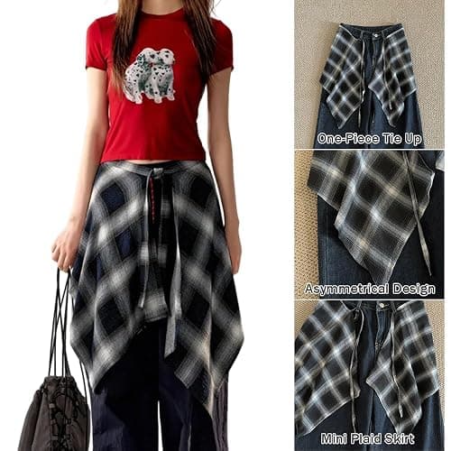OULIGET Women's Grunge Mini Plaid Skirt,Hip-Hop One-Piece Tie Up Asymmetrical Skirt,Y2k Overlapping Jeans Decorate Skater thumbnail 4