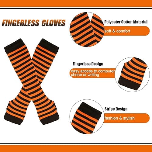 Barrlves 2/4 Sets Womens Striped Knee High Socks Long Knitted Arm Warmers Fingerless Gloves for Halloween Costume - 2sets Rose+neon thumbnail 3