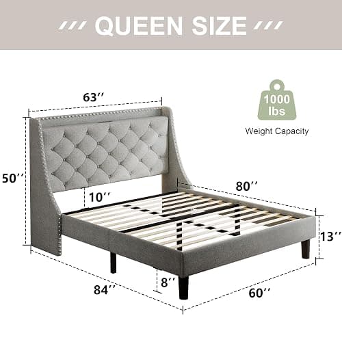 Feonase Queen Bed Frame with Luxury Wingback Upholstered Button Tufted Storage Headboard, Queen Platform Bed with Charging Station, Sturdy Wooden Slats Support, Noise-Free, Easy Assembly, Light Gray - Light Gray - Queen thumbnail 2