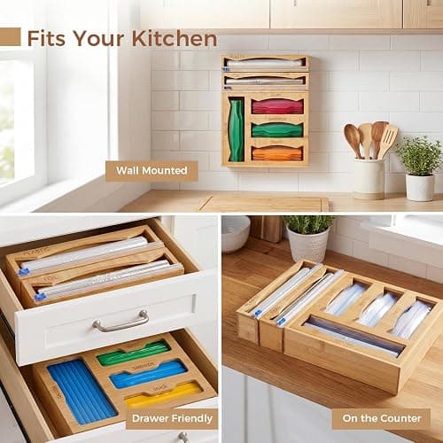 6-in-1 Bamboo Kitchen Drawer Organizer for Storage Bag, Foil & Plastic Wrap thumbnail 7