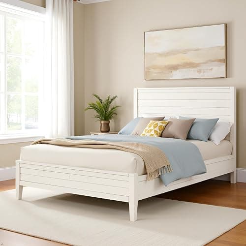 Arden Queen Size Panel Bed Frame – Solid Brazilian Pine Wood with High 50" Headboard, Low 18" Footboard, 8" Underbed Clearance – Rustic Boho Bedroom Style by Alaterre Furniture (Light Driftwood White) thumbnail 4