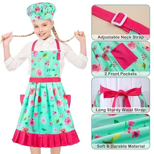 MHJY Kids Apron Hat Set for Girls Vintage Pleated Skirt Aprons with Adjustable Strap Pockets for Baking Cooking 8-12 Years thumbnail 2