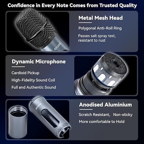 AFUOO Wireless Microphone Set for Singing, Speeches & Events, 2.4GHz Dual-Mic Receiver, 200ft, Storage Bag Included, Metal Cordless Mic 2 Pack for Karaoke Machines, PA Systems, PartyBox, Gray-Blue thumbnail 4