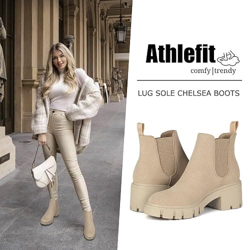 Athlefit Women's Chelsea Boots Fashion Lug Sole Chunky Heel Slip on Elastic Ankle Booties thumbnail 2