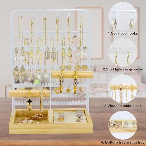 JONKASIPA Jewelry Holder Organizer Stand 4-Tier Necklace Stand Earring Holder with Wooden Tray, Jewelry Rack for Bracelets Watches and Rings Display Stand, Gifts for Women & Girls-White thumbnail 5